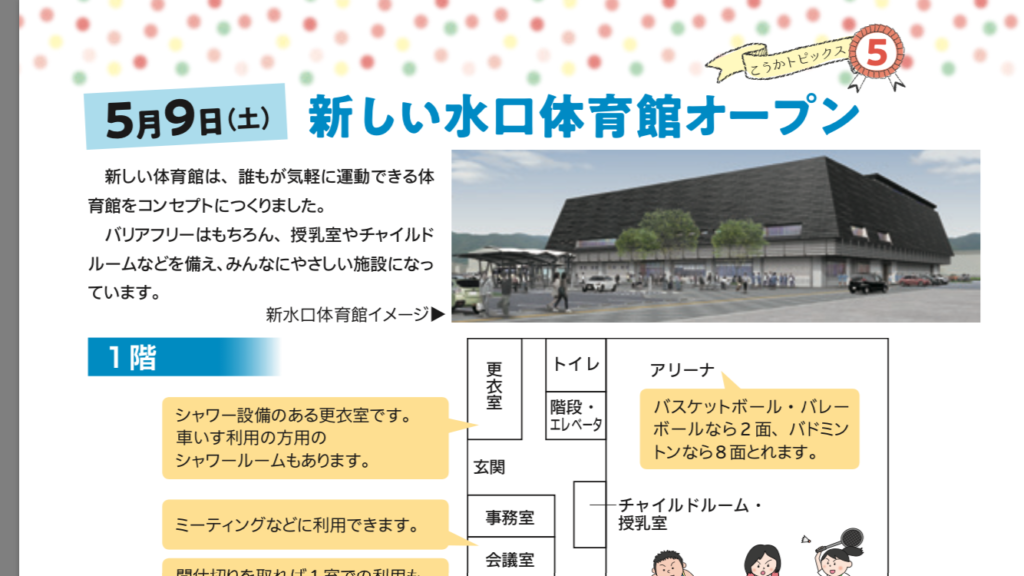 5月9日（土）新しい水口体育館がオープンしますよー！外周には雨でもウォーキングできるコースも！