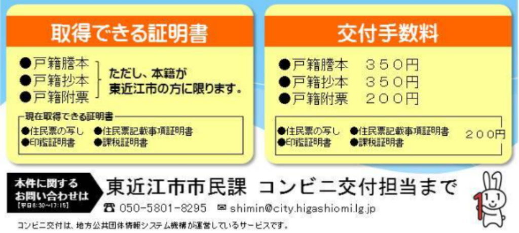東近江市のコンビニ交付で取得できる戸籍証明書の種類と値段の一覧