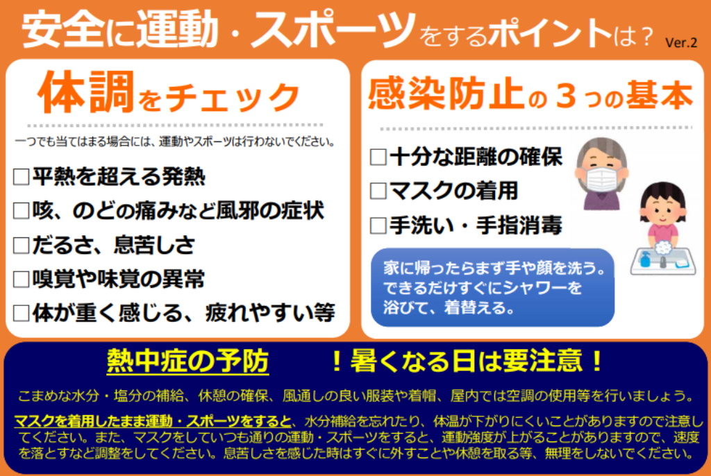 スポーツ庁（文部科学省）作成チラシ「安全に屋内・屋外で運動・スポーツをするポイントver.2の上半分