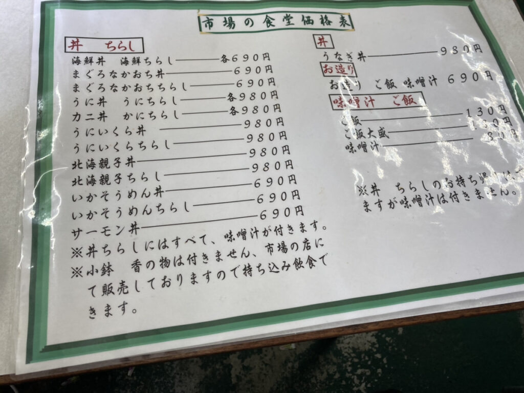 水口寿志亭市場の食堂のメニュー表