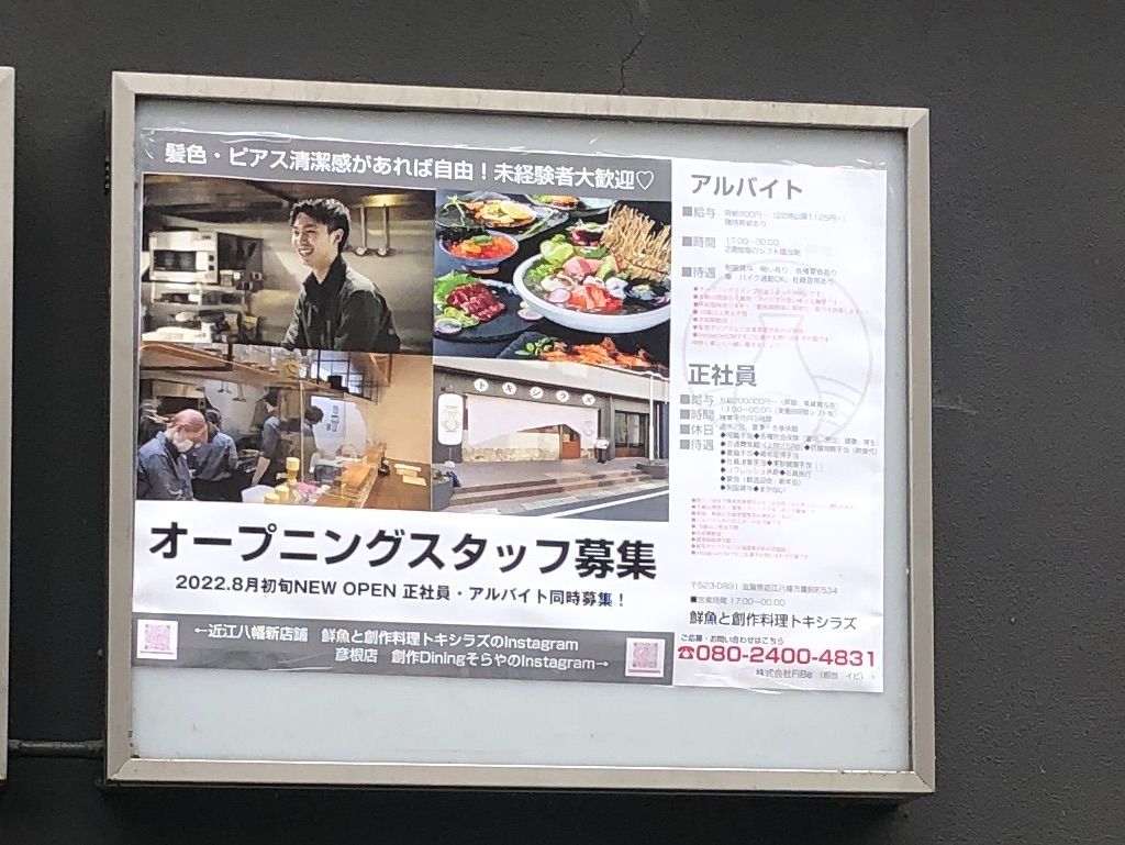 この夏、近江八幡市に「鮮魚と創作料理トキシラズ」がオープンするようです。オープニングスタッフ募集中。